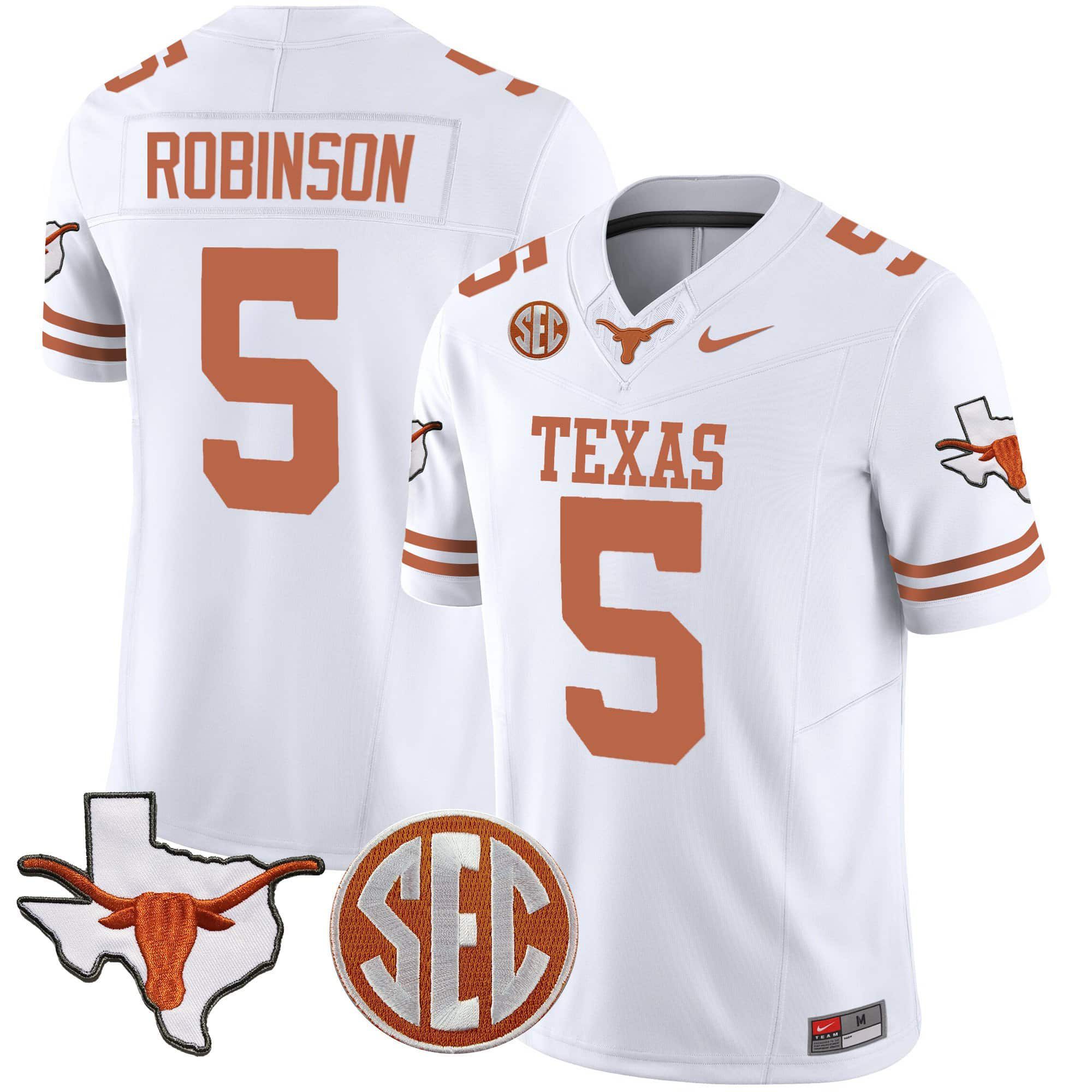 Men Texas Longhorns #5 Robinson White 2024 Nike State Map & SEC Patch Vapor NCAA Jersey